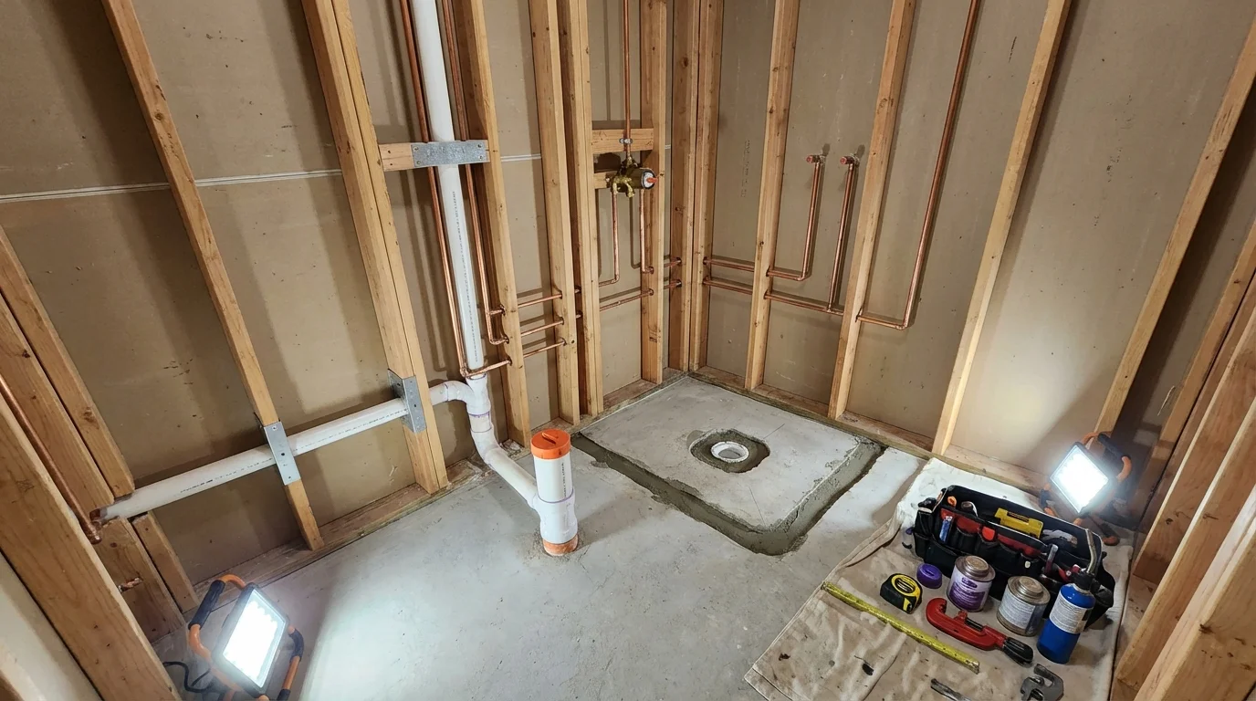 Bathroom rough-in plumbing during remodel by Johns Plumbing LLC in Erick