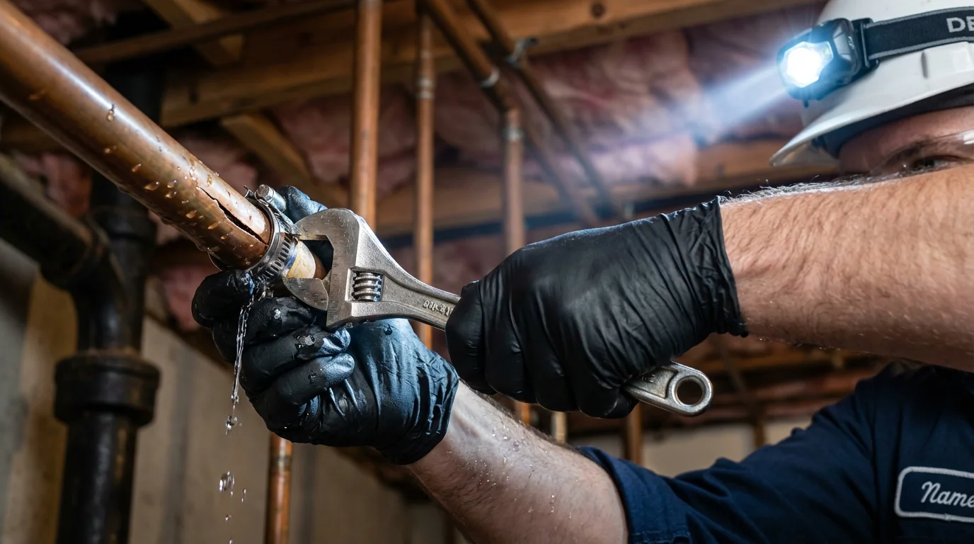 Emergency pipe clamp repair being performed by a Johns Plumbing LLC plumber in Erick