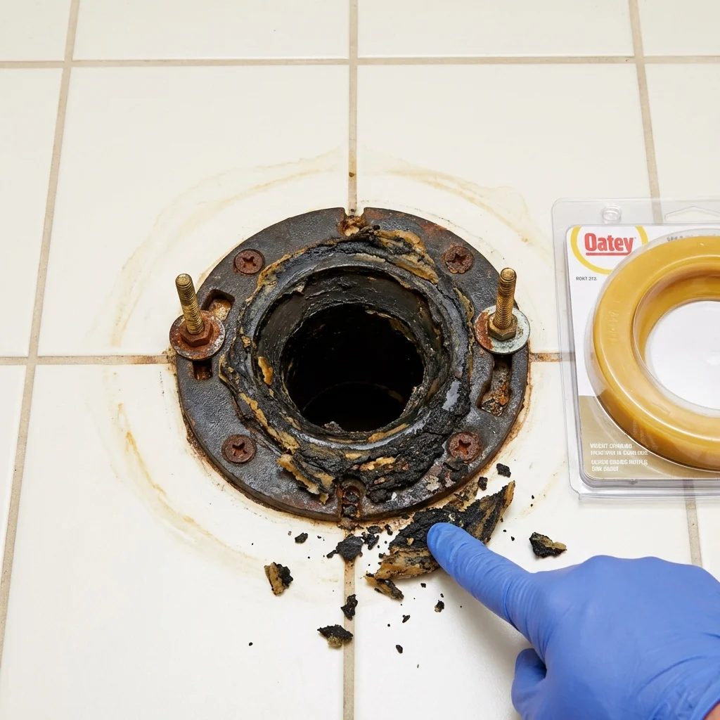 Failed wax ring showing water seepage at the base of a toilet in a Erick, OK home